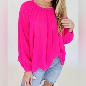 Pink Shirred Flowy Blouse Brand: Glam Size: Large.